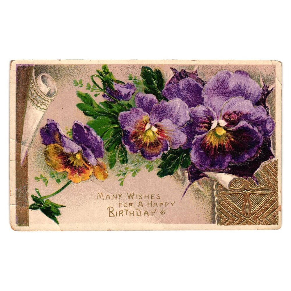 Vintage Germany Printed Birthday Postcard Purple Floral Embossed Design Posted